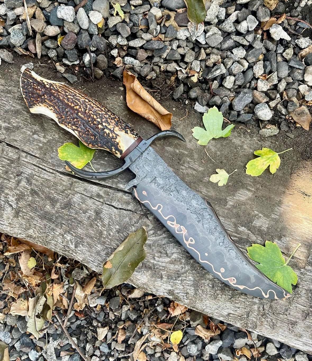 Hand,Forged Copper Damascus Bowie Knife with Stag Antler Handle – Personalized Cu Mai Hunting Knife with Custom Guard and a sheath
