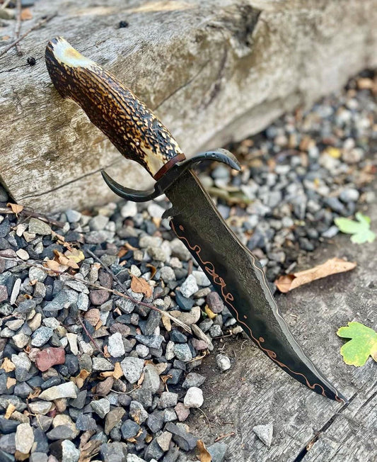 Hand,Forged Copper Damascus Bowie Knife with Stag Antler Handle – Personalized Cu Mai Hunting Knife with Custom Guard and a sheath