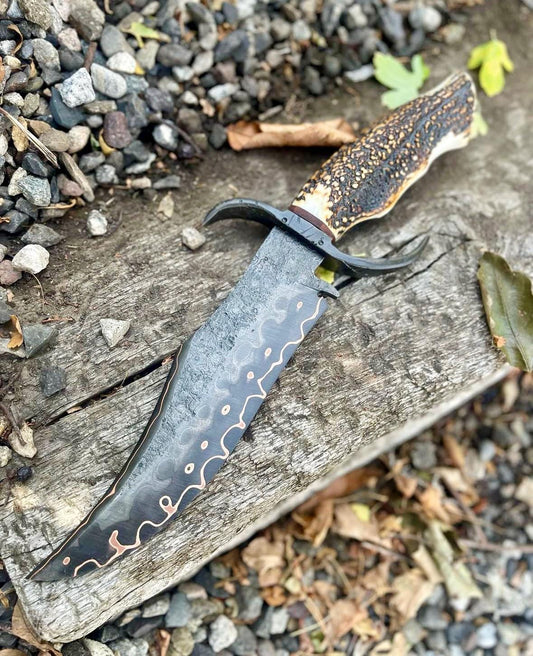 Hand,Forged Copper Damascus Bowie Knife with Stag Antler Handle – Personalized Cu Mai Hunting Knife with Custom Guard and a sheath